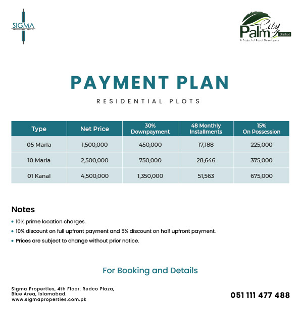 Residential Plots Payment Plan Palm City Sialkot